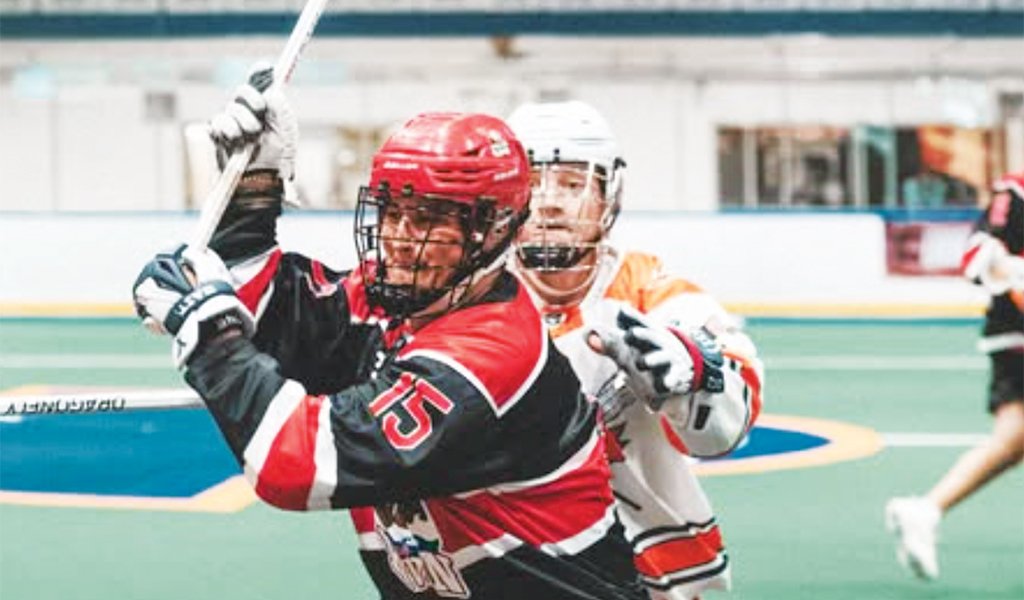 David Anderson, a member of the Six Nations Rivermen, takes a shot in a game versus the Brooklin Merchants this past Saturday. Photo by Andrew VanEvery.