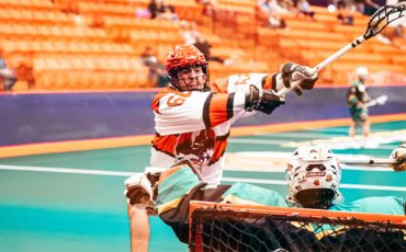Six Nations Rivermen’s Thunder Hill (66) attacks the net during a 17-9 win over Ennismore James Gang at the ILA on Saturday. (Supplied Photo)