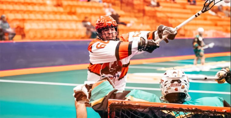 Six Nations Rivermen’s Thunder Hill (66) attacks the net during a 17-9 win over Ennismore James Gang at the ILA on Saturday. (Supplied Photo)