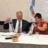 Brantford Mayor Kevin Davis and Six Nations Elected Chief Sherri-Lyn Hill signed a MOU over future land development at the Association of Municipalities of Ontario (AMO) conference in Ottawa where Elected Chief Hill presented Mayor Davis with a gift depicting the Two Row Wampum Treaty. (Supplied Photo)