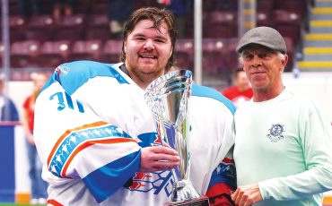 Six Nations Chiefs’ goaltender Doug Jamieson, on left, was selected as the playoff MVP of the MLS. Jamieson and his Chiefs’ teammates are hosting this year’s Mann Cup. (Photo by Darryl Smart.)