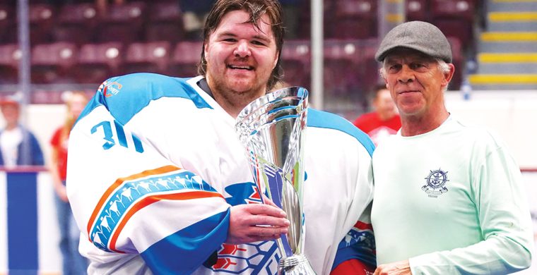 Six Nations Chiefs’ goaltender Doug Jamieson, on left, was selected as the playoff MVP of the MLS. Jamieson and his Chiefs’ teammates are hosting this year’s Mann Cup. (Photo by Darryl Smart.)