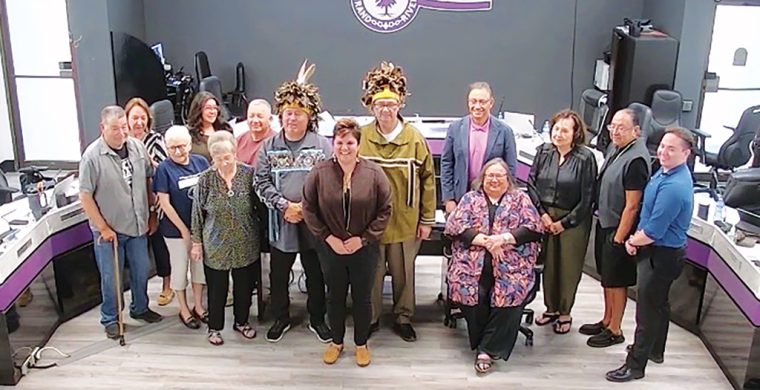 Six Nations Elected Council joined a lawsuit launched by two comunity members, Wilf Davey and Bill Monture against the Haudenosaunee Confederacy Council’s development group. SNEC had a group photo taken after agreeing to join the lawsuit. (Supplied Photo)