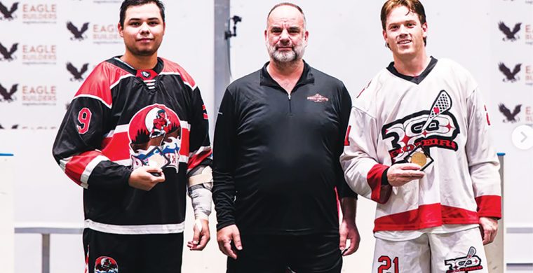Marshall Powless, on left, was the Six Nations Rivermen player of the game in their quarter-final loss to Ladner Pioneers last Thursday. (Photo courtesy Presidents Cup)