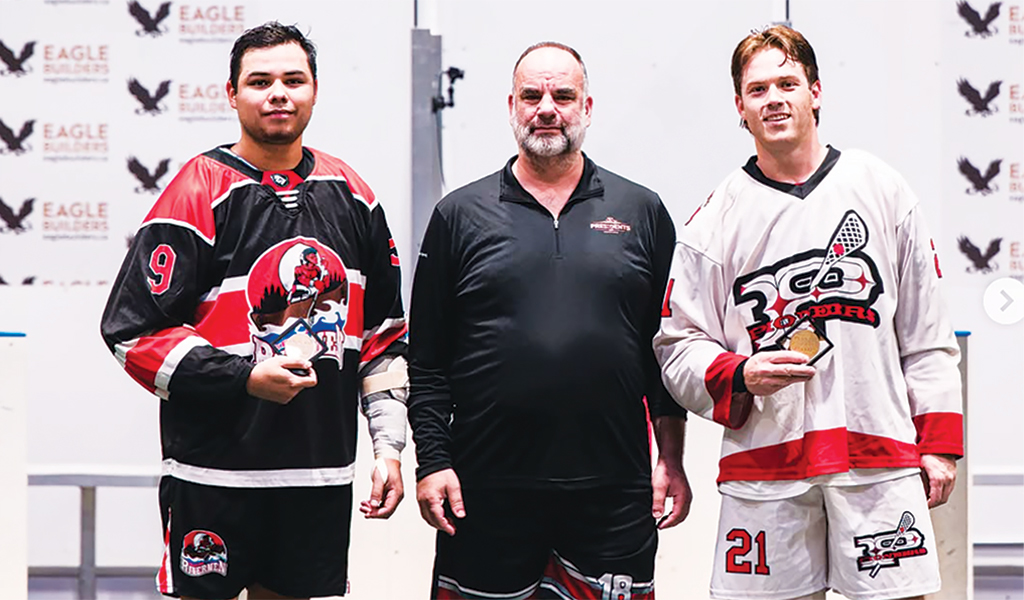 Marshall Powless, on left, was the Six Nations Rivermen player of the game in their quarter-final loss to Ladner Pioneers last Thursday. (Photo courtesy Presidents Cup)