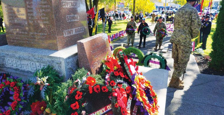 Six Nations marked its annual Remembrance Day ceremonies Sunday, Oct. 18, at the Veterans Park Cenotaph (Photo by Jim C. Powless) See more ... page 5.