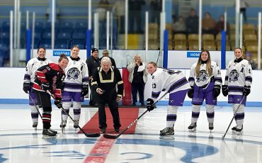 Former NHLer Stan Jonathan dropped the ceremonial faceoff at the Six Nations Stars’ season opener. (Photo courtesy Six Nations Stars.)