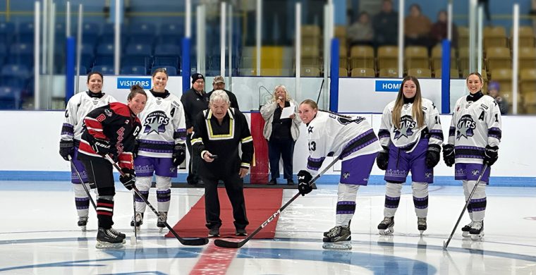 Former NHLer Stan Jonathan dropped the ceremonial faceoff at the Six Nations Stars’ season opener. (Photo courtesy Six Nations Stars.)